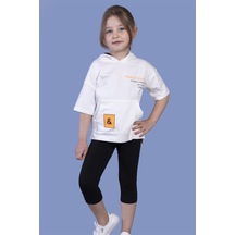 Toontoy Kids Toontoy Kız Çocuk 2'li Takım Baskılı Kapüşonlu Cepli Kısa Kollu Yırtmaçlı Sweatshirt & Basic Düz Crop Tayt Ekru