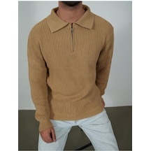 Oversize Tüylenmez Naturel Pamuk Fermuarlı Polo Yaka Triko Kazak Şık Ve Konforlu Sağlıklı Tasarım Ekru