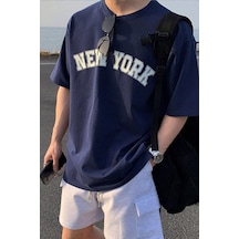 Erkek New York Baskılı Oversize Tshirt Lacivert