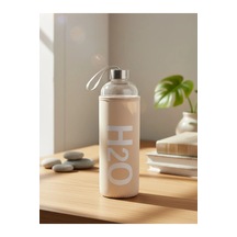 H2o Sağlıklı Cam Matara 1000 Ml Su Şişesi, Pastel Renk Kılıflı 1 Lt Sporcu Suluğu Bej