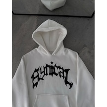 Kışlık Kapşonlu Baskılı Oversize Sweatshirt- Beyaz Beyaz
