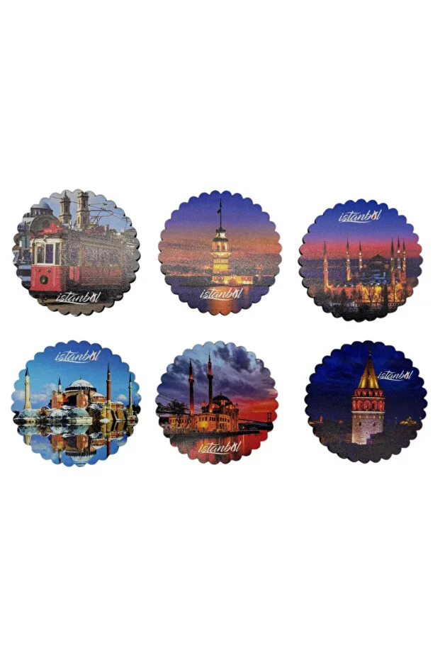 Mevlana Bazaar İstanbul Desenli 6'lı Ahşap Bardak Altlığı Oval Çok Renkli