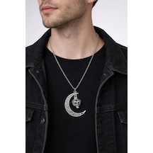 Karanlıkta Parlayan Hilal Kafatası Vintage Gümüş Renk Unisex Kolye Çok renkli