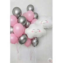 Metalik Pembe Gümüş Balon Seti 22 Parça 11 Lateks Balon & 40 Cm Folyo Bulut Çok Renkli