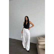 Defymoda Jakar Saten Pantolon - Beyaz Beyaz