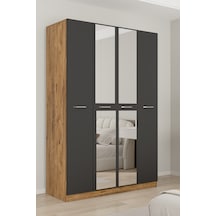 Aeka Ae-3191 Burç Aynalı 4 Kapaklı Çok Bölmeli Askılı Raflı Ve Çekmeceli 210x140x53cm Gardırop Çam - Antrasit