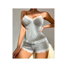 Lily Bianca Nightwear Kenarları Dandel Küpürlü Askılı Alt Üst Takım Gecelik Gri