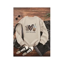 Herkesemoda Peace Love Detaylı Bisiklet Yaka İçi Polarlı Sweatshirt Bej