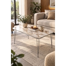 Sulorahome Gümüş Tel Ayaklı Mermer Desenli Beyaz Orta Sehpa 90x50 Cm Beyaz Mermer