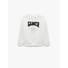 Koton Şardonlu Uzun Kollu Bisiklet Yaka Nakışlı Sweatshirt Ekru 7wmb10013tk