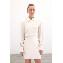 Sateen Kolları İnci Detaylı Bluz - Bej-134782 Bej
