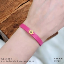 Archin Aslan Burçlarına Yuvarlak Motifli Pembe Derili 14 Ayar Altın Plakalı Hediye Bileklik-394burç Aslan