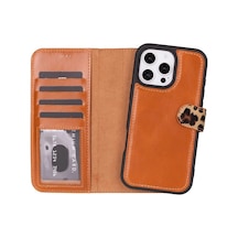 Cüzdan Taşıma Derdi Olmadan İphone 16 Pro Max Uyumlu Hakiki Deri El Yapımı Kart Yuvalı Kılıf Leopar Desenli Kahverengi