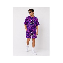 Butik İstanbul Erkek Oversize Kalıp Pubg Bape X Shark Nakışlı Cepli Şort Takım - Mor