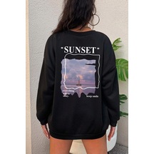 Unisex Sunset Baskılı Bisiklet Yaka Sweatshirt Siyah