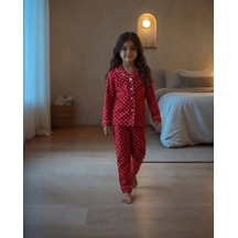 Dolaş Kids Kız Çocuk Kırmızı Kalp Desenli Önden Düğmeli Pijama Takımı 2