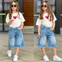 Ay Kids Kız Çocuk Kalp Baskılı Oversize Tişört & Bol Paça Jean Kapri Kombin Takım 2689m Mavi