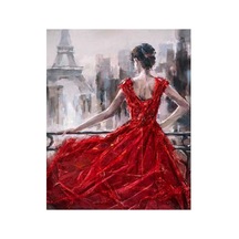 Pariste Kırmızı Elbiseli Kadın Sayılarla Boyama Seti - Çerçeveli, 40x50cm