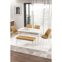 Canisa Concept Zen Serisi 80x132 Mdf Açılabilir Beyaz Mermer Desen Masa Takımı 4 Cappucino Sandalye Ve 1 Bench Masa Beyaz Mermer Sandalye Ve Bench Cappucino