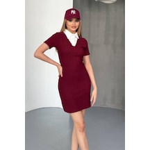 Ded Collectıon Kadın Beyaz Gömlek Yaka Detaylı Ottoman Kumaş Kısa Kol Mini Elbise Bordo
