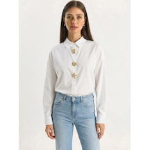 Shade Kadın Gold Düğme Aksesuarlı Poplin Gömlek 7508 60283943 - Beyaz