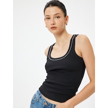 Koton Askılı Tişört Taşlı Fitilli U Yaka Pamuklu Slim Fit Siyah 5wak10058ek Siyah