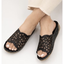 N Napa Shoe Np.226l.siyah Deri Napa Shoe Kadın Ortopedik Çiçek Desenli Günlük Terlik Siyah