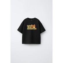 Fasardi Super Bear Adventure Süper Ayı Baskılı Oversize %100 Pamuk Kısa Kollu Unisex Çocuk T-shirt Siyah