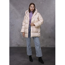 Oversize Kapşüyonlu Şişme Mont-bej Renk-412 Bej
