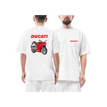 Ducati 959 Red Text Logo Ön Arka Baskılı Beyaz Oversize Tişört