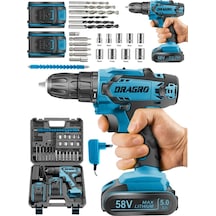 Dragro Alman Drg-krc 58 V 5 Ah Darbeli Bakır Sargılı Metal Şanzuman Şarjlı Çift Akülü Vidalama Matkap Mavi Fişli