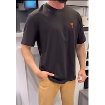 Barlashive Erkek Kısa Kol Tişört Bisiklet Yaka Kalp Baskılı Oversize T-shirt - Siyah Çok Renkli
