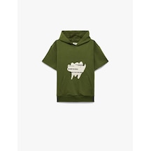 Koton Pamuklu Cepli Baskılı Kısa Kollu Kapüşonlu Oversize Sweatshirt Haki 6skb10485tk Haki