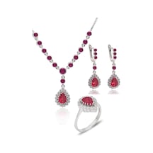 Yakut Taşlı Damla Model 925 Ayar Gümüş Kadın Üçlü Set 201025668