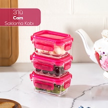 Porsima 4374 3lü Kilitli Sızdırmaz Kapaklı Yiyecek Erzak Saklama Kabı Seti - Cam Saklama Kabı - 150ml Pembe Pembe
