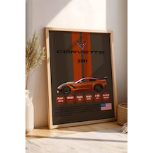 Corvette Zr1 Araba Tablosu - Teknik Özellikli Otomobil Poster - Çerçeveli Duvar Dekoru Kayın