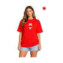 Kırmızı Oversize Tişört Unisex %100 Pamuk Kedi Baskılı Salaş Basic Streetwear Erkek Kadın T-shirt Kırmızı