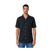 Arma Ar-ma Erkek Keten Gömlek Basic Baskisiz Düğme Kapamali Cepsiz Kisa Kollu Gömlek Dokuma Kumaş Regular Fit %60 Pamuk %40 Keten Y31485118202 Siyah-s1