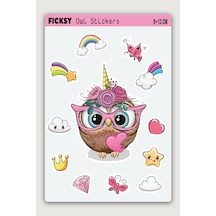 Sevimli Unicorn Baykuş Sticker Seti - 12 Adet Etiket Çıkartma Diğer
