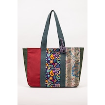 Fabric Craft Bag Omuz Çantası Kadın Duck Kumaş Desenli Büyük Boy Günlük Çanta Haki - Kırmızı