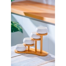 Acar Yam-07545/12 Pamira Bambu Standlı 4'lü Porselen Kase Seti - 8.5 Cm Beyaz