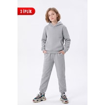 Panios Kids 3 İplik Düz Kışlık Kanguru Cepli Kapüşonlu Kız Çocuk Eşofman Takımı Gri