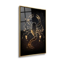 Siyah Fonda Yıldızlarla Çizilmiş Parlak Altın Akrep Gold Çerçeveli Cam Tablo