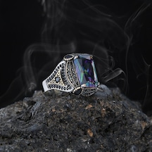 Mistik Topaz Ve Zirkon Taşlı Motifli Gümüş Erkek Yüzük