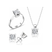 Sertifikalı Swarovski Taş Klasik Tek Taş 925 Gümüş Set Takım