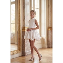 Butikhappykids Kız Çocuk Abiye Beyaz Mini Balon Etek Prenses Model Halter Yaka Monaray Kumaş Abiye Elbise 5-14 Yaş
