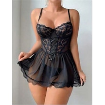 Lisinya Closet Özel Tasarım Siyah Dantelli Korse Görünümlü Çapraz İpli Tül Gecelik Siyah