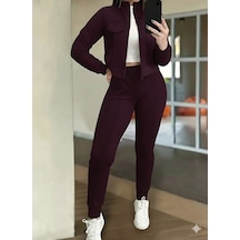 Efnaz Style Kadın Uzun Kollu Önden Fermuarlı Kısa Modal Mor Ceket Ve Pantolon Ikili Takım Bordo