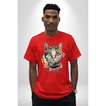 Red Cloud Kedi Hintli Pamuklu Bisiklet Yaka Unisex Oversize Boyfriend Dijital Baskılı Kırmızı T-shirt Kırmızı