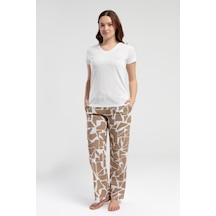 Pierre Cardin Paris Kadın Beautiful V Yaka Kısa Kollu Desenli Pijama Takım Krem